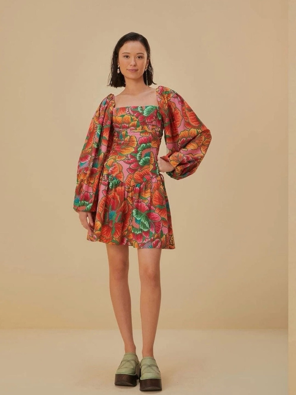 Farm Rio Floral Puff-Sleeve Mini Dress in Orange, Pink and Green